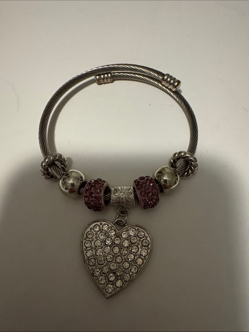 Silver-Tone Heart Charm Bracelet with Purple tCrystalt Beads